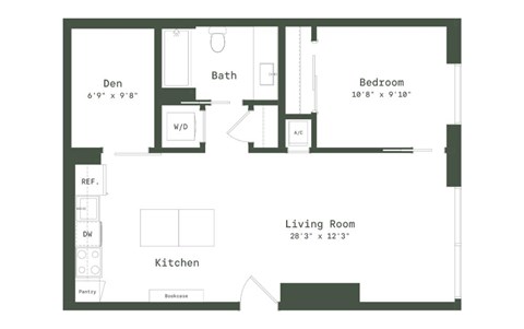 Floor plan for 1 bed, 1 bath, 752 sqft